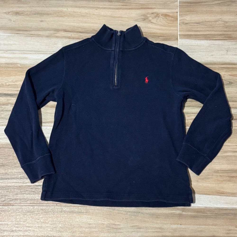 Polo Ralph Lauren Boys Navy Blue Cotton Quarter Zip Pullover Sweater M 10-12